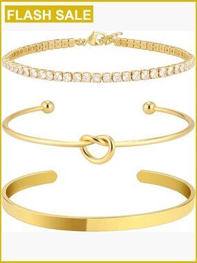 Gold Plated Brass Cuff Bracelet Set Adjustable Tennis Stackable